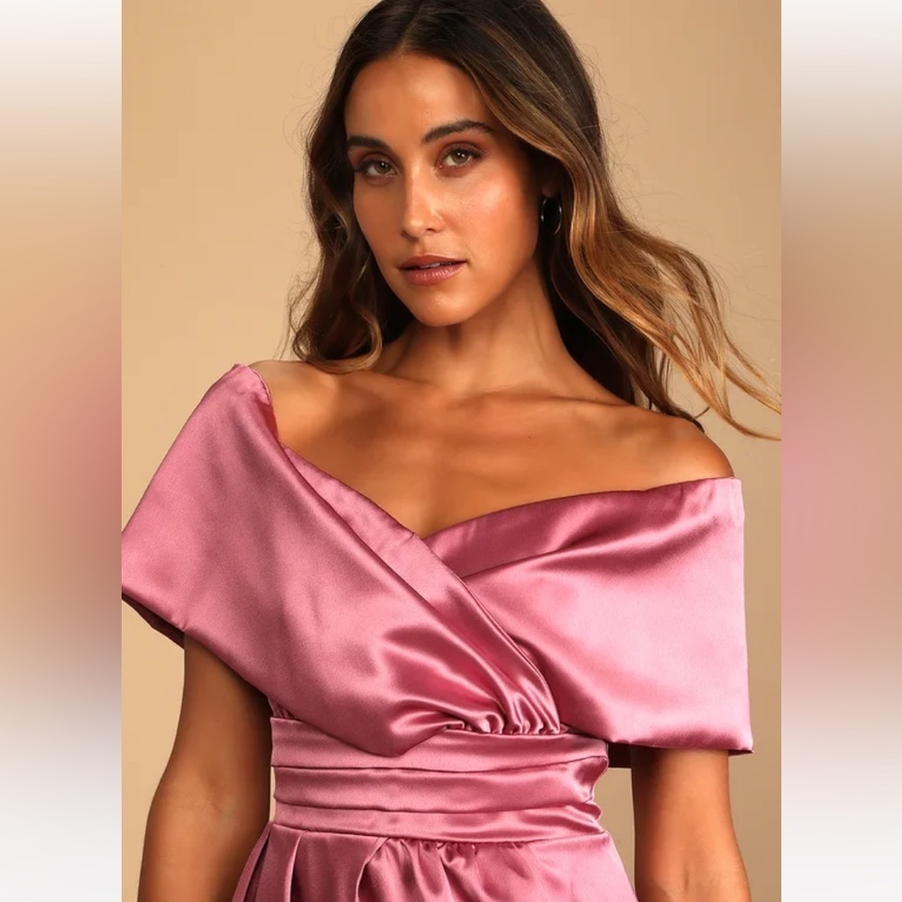 Lulu’s NWT Always Celebrating Mauve Pink Satin Off-the-Shoulder Mini Dress M - Picture 2 of 11
